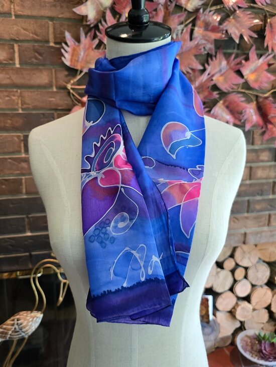 Vintage Accessories - Vintage Hand‑Painted Silk Scarf - Abstract Floral in Blue, Purple & Pinks